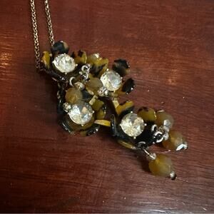 J Crew Tortoise Flower Necklace Floral Rhinestone Crystals Long Pendant Brown